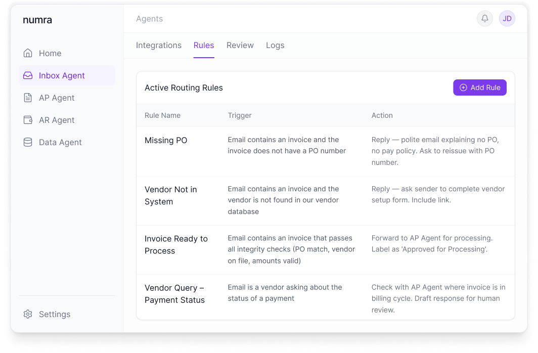 Numra dashboard showing active routing rules