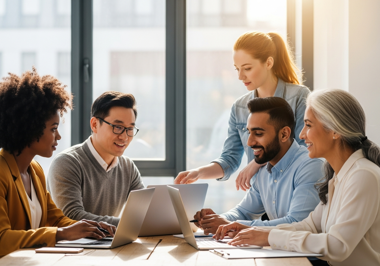 A business team collaborating around a table with laptops in a bright modern office